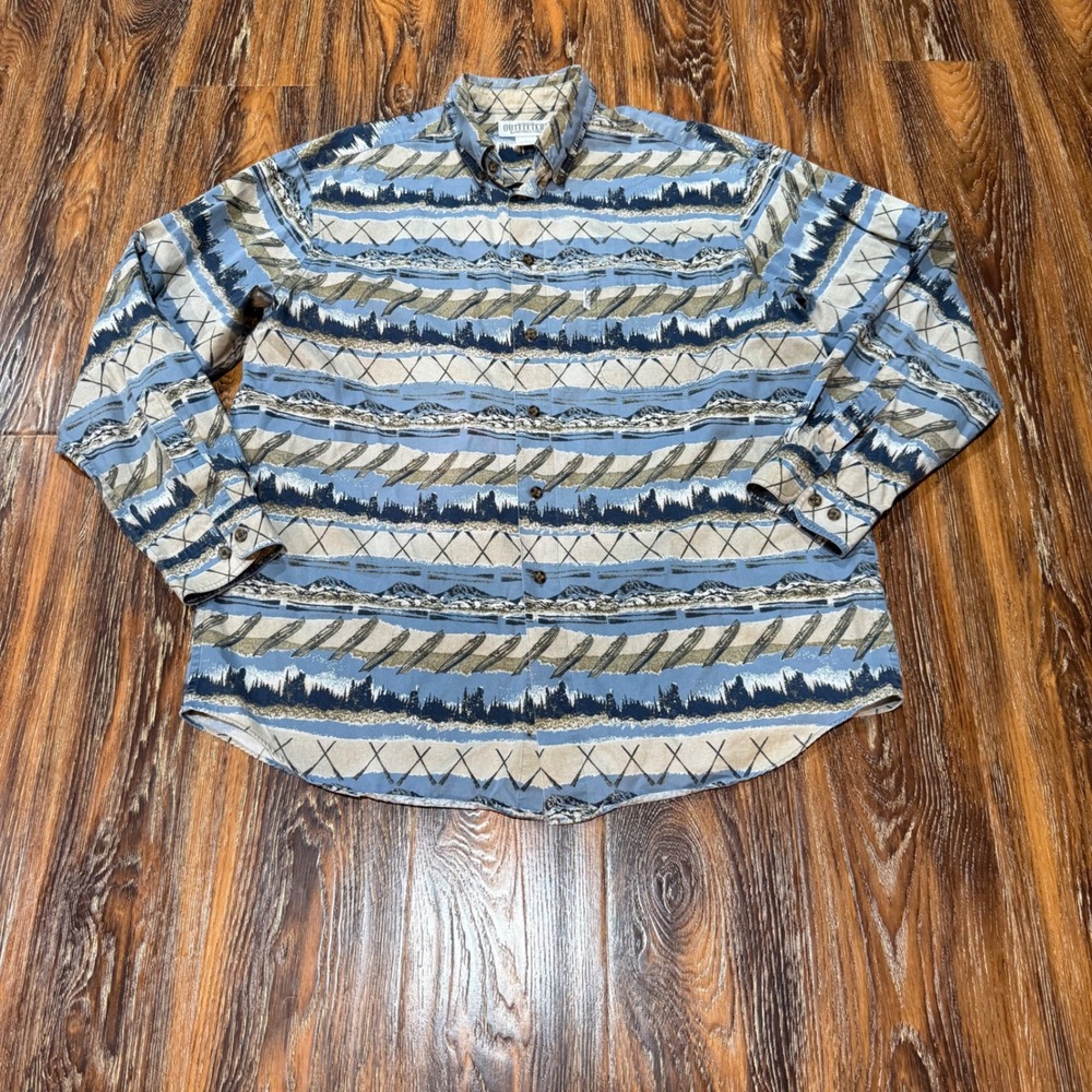VTG Roundtree & Yorke L Button Down Mens Blue Camping Outdoor AOP Shirt Canoe